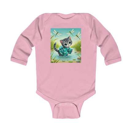 Kitten by the Still Waters Baby Long Sleeve Bodysuit – Serene Pond & Dragonfly Design