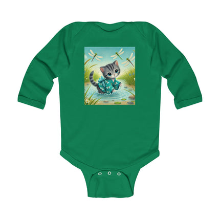 Kitten by the Still Waters Baby Long Sleeve Bodysuit – Serene Pond & Dragonfly Design