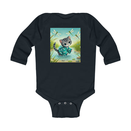 Kitten by the Still Waters Baby Long Sleeve Bodysuit – Serene Pond & Dragonfly Design