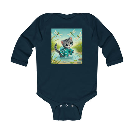 Kitten by the Still Waters Baby Long Sleeve Bodysuit – Serene Pond & Dragonfly Design