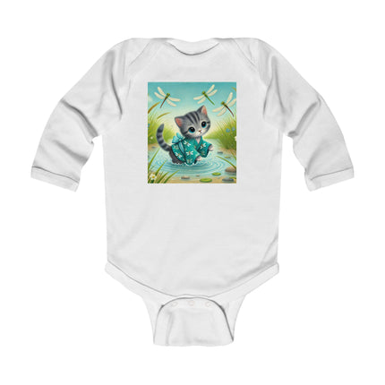 Kitten by the Still Waters Baby Long Sleeve Bodysuit – Serene Pond & Dragonfly Design
