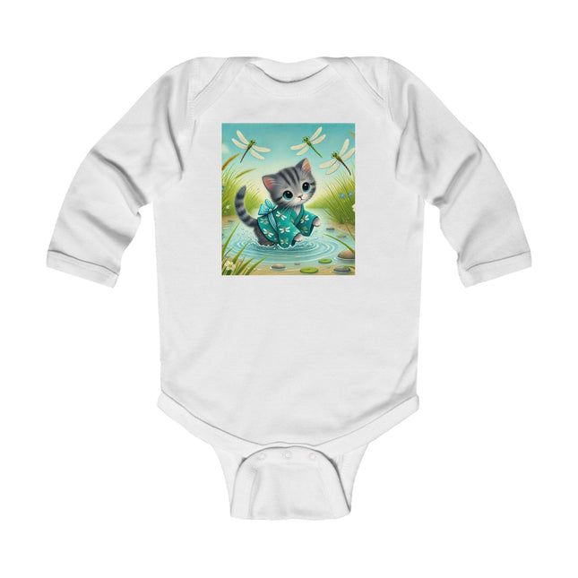Kitten by the Still Waters Baby Long Sleeve Bodysuit – Serene Pond & Dragonfly Design