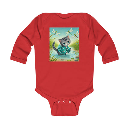 Kitten by the Still Waters Baby Long Sleeve Bodysuit – Serene Pond & Dragonfly Design