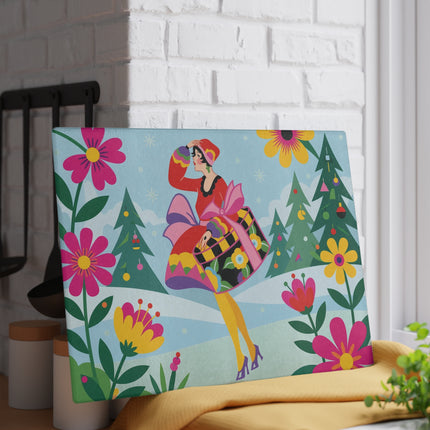 🌸❄️ The Lady Of The Colorful Winter Garden Glass Cutting Board – Art Deco Holiday Fantasy