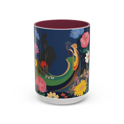 The Lady And The Crimson Moonbird Colorful Mugs – Art Deco Whimsical Garden Elegance