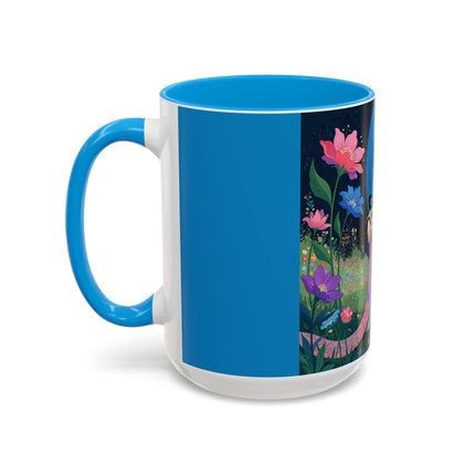 The Lady And The Moonlit Peak Colorful Mugs – Art Deco Alpine Garden Elegance