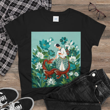 🐉🌿 The Dragon Keeper Cotton Tee – Art Deco Floral Fantasy