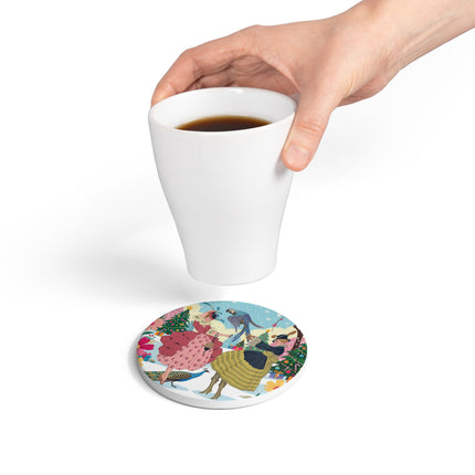 🦜🎄 The Christmas Parrot Promenade Ceramic Coaster – Art Deco Holiday Fantasy