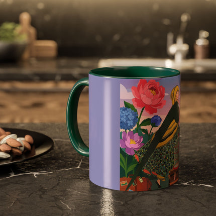 The Lady And The Crimson Birdcage Colorful Mugs – Art Deco Tropical Garden Elegance