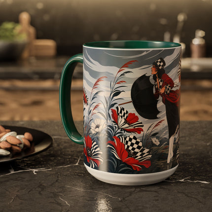 ☔🌹 The Scarlet Checkerboard Rainstorm Colorful Mug – Art Deco Floral Elegance