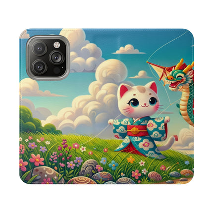 🪁🐉 Geisha Kitten and the Dragon Kite Flip Case – Joyful Flight & Dragon Spirit