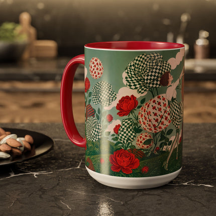 🌹💚 The Scarlet Rose Checkerboard Garden Colorful Mug – Art Deco Floral Whimsy
