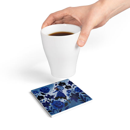 ☔💙 The Blue Rain Promenade Ceramic Coaster – Art Deco Floral Fashion
