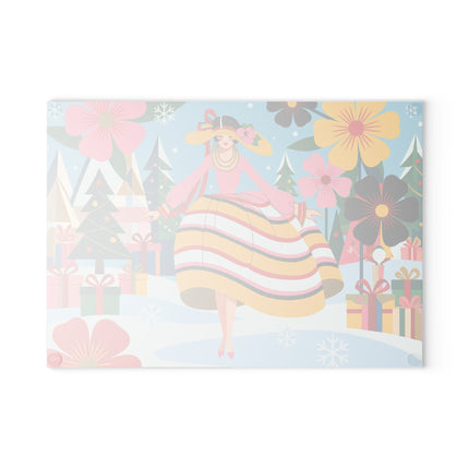 🌸🎁 The Lady Of The Christmas Flower Garden Glass Cutting Board – Art Deco Holiday Fantasy