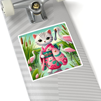 Geisha Kitten Strolls Among the Spoonbills Kiss-Cut Stickers (4 Sizes)
