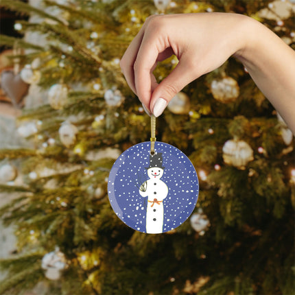 Snowman in Falling Snow Glass Ornament