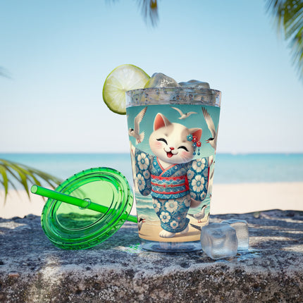 Geisha Kitten by the Seaside Sunsplash Tumbler with Straw, 16oz
