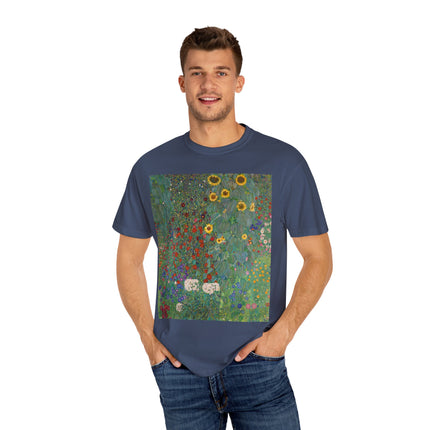 Farm Garden with Sunflowers by Gustav Klimt Unisex Garment-Dyed T-shirt