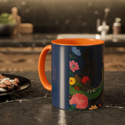 The Lady And The Crimson Moonbird Colorful Mugs – Art Deco Whimsical Garden Elegance