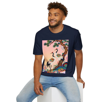 🐦🌸 The Enchanted Crane Garden Softstyle T-Shirt – Oriental Elegance & Colorful Harmony