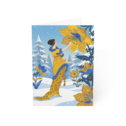 🌼❄️ The Lady Of The Golden Winter Blossom Greeting Card – Art Deco Holiday Elegance