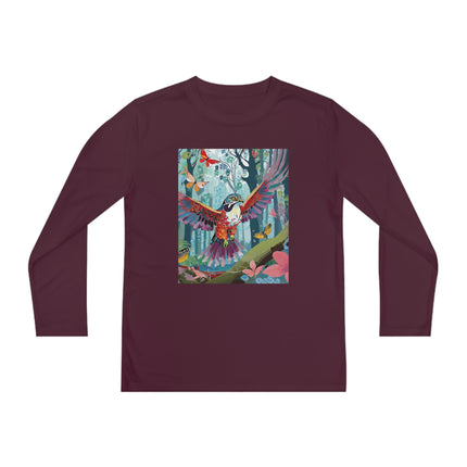A Colorful Raptor Youth Long Sleeve Competitor Tee – Dino Adventure & Forest Wonder
