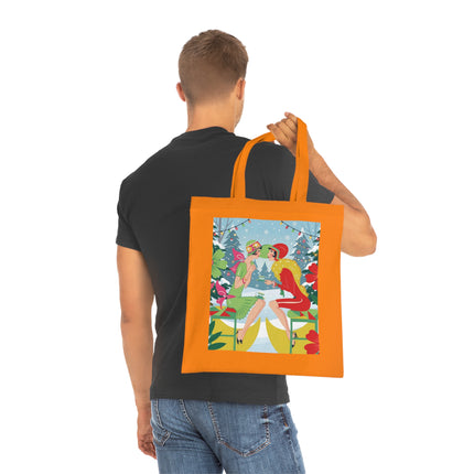 🎄☕ Christmas Tea In The Snow Garden Cotton Tote Bag – Art Deco Holiday Friendship