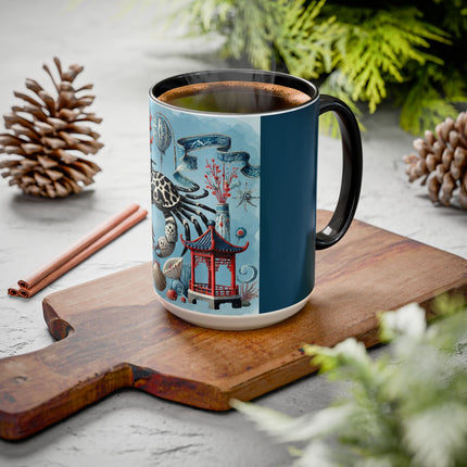 Spotted Crab & Pagoda Colorful Mug – Mystical Ocean & Asian Harmony