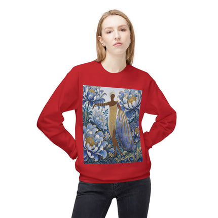 💙✨ The Lady Of The Gilded Blue Blossom Garden Midweight Crewneck Sweatshirt – Art Deco Floral Elegance
