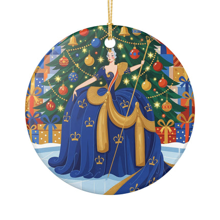 👑🎄 The Christmas Queen Of Golden Bells Ceramic Ornament – Art Deco Holiday Elegance