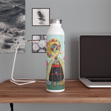 🌸🪞 The Lady Of The Flowered Parasol Slim Water Bottle – Art Deco Floral Whimsy