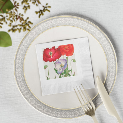 Poppies by Tanigami Kônan White Coined Napkins – Bold Blooms & Japanese Woodblock Elegance