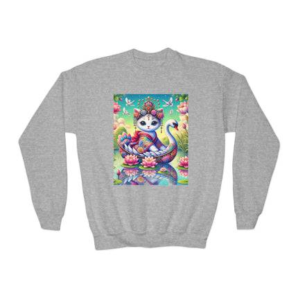 Geisha Kitten’s River Voyage Youth Crewneck Sweatshirt – Grace, Adventure & Storybook Charm