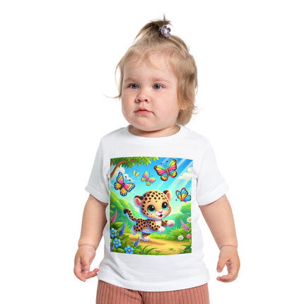 Butterfly Chase Leopard Cub Baby T-Shirt – Playful Adventure & Sunny Meadow Dreams