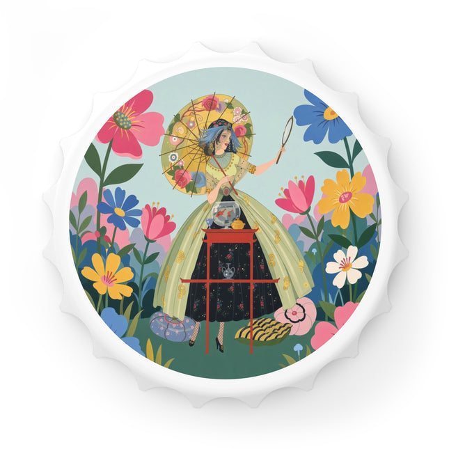 🌸🪞 The Floral Parasol Reflection Bottle Opener – Art Deco Garden Fantasy