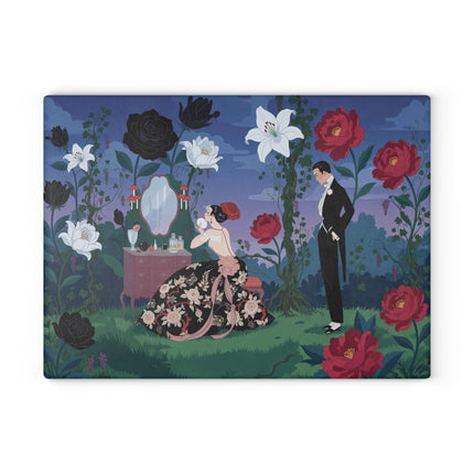 🌹🪞 The Lady Of The Midnight Garden Vanity Glass Cutting Board – Art Deco Floral Romance