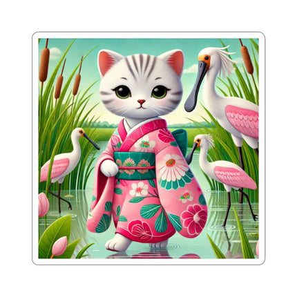 Geisha Kitten Strolls Among the Spoonbills Kiss-Cut Stickers (4 Sizes)