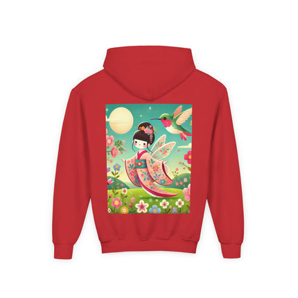 Geisha Fairy and the Hummingbird Blossom Youth Hooded Sweatshirt – Cozy Magic in Bloom
