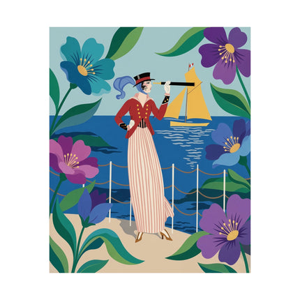 🌊🔭 The Lady Of The Seaside Lookout Matte Vertical Poster – Art Deco Nautical Whimsy