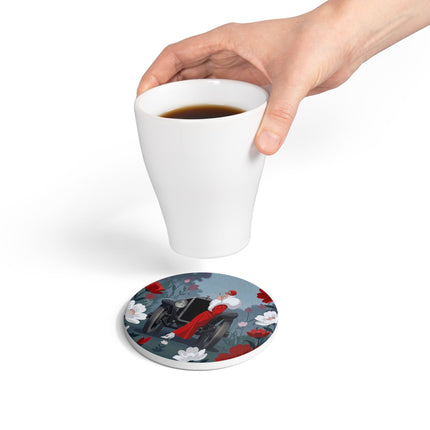 🚗🌺 The Lady Of The Grand Touring Car Ceramic Coaster – Art Deco Motoring Elegance