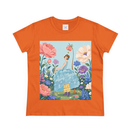 🌸🩵 The Blue Ruffle Garden Cotton Tee – Art Deco Floral Whimsy