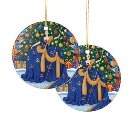 👑🎄 The Christmas Queen Of Golden Bells Ceramic Ornament – Art Deco Holiday Elegance