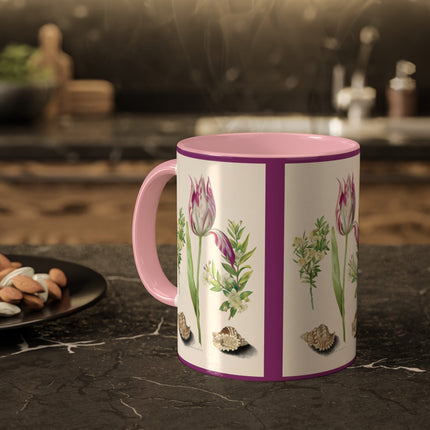 Tulip, Branches of Myrtle and Shells by Maria Sibylla Merian Colorful Mugs, 11oz
