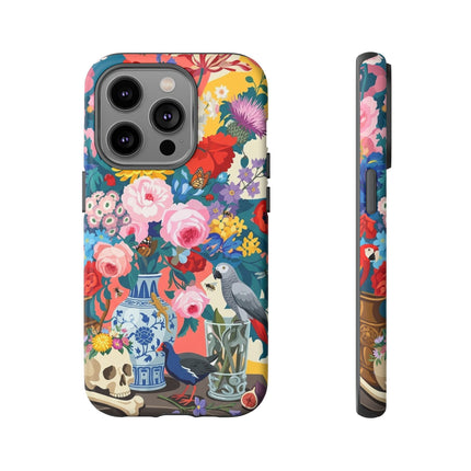 Floral Vanitas Phone Case – Parrot & Porcelain Splendor
