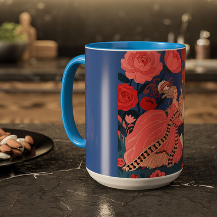 The Lady And The Scarlet Macaw Colorful Mugs – Art Deco Floral Elegance