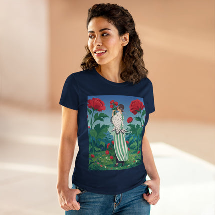 🌹🌿 The Scarlet Rose Garden Cotton Tee – Art Deco Floral Whimsy