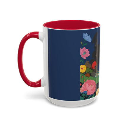The Lady And The Crimson Moonbird Colorful Mugs – Art Deco Whimsical Garden Elegance