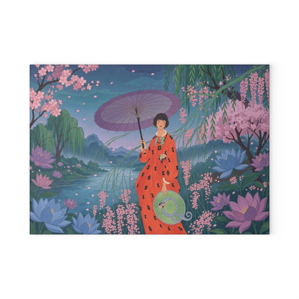 🌸☂️ The Lady Of The Lotus Garden Glass Cutting Board – Art Deco Oriental Floral Elegance