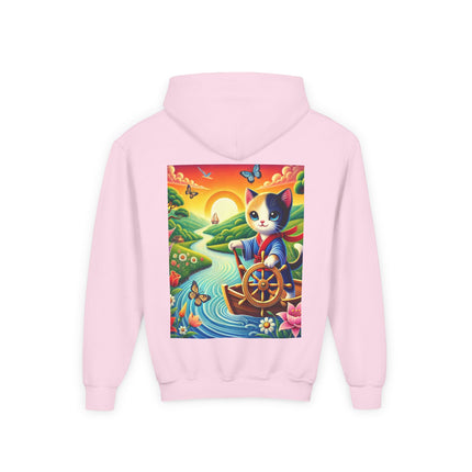 Sailor Kitten’s River Adventure Youth Hooded Sweatshirt – Playful Journey & Colorful Discovery