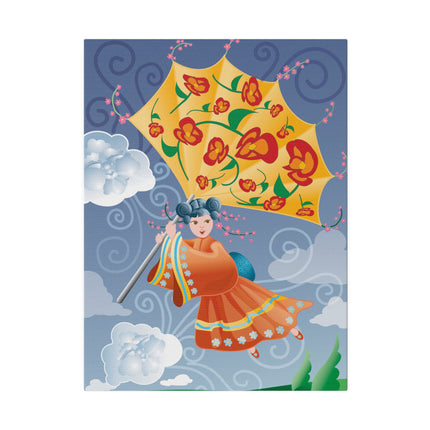 Flight of Blossoms – Whimsical Girl with Kite